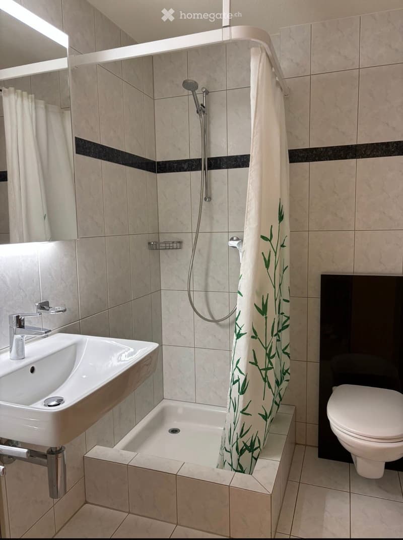 Modern bathroom with a white sink, chrome faucet, toilet, and a small shower with a bamboo-patterned curtain. The walls are tiled with beige tiles and black accents.