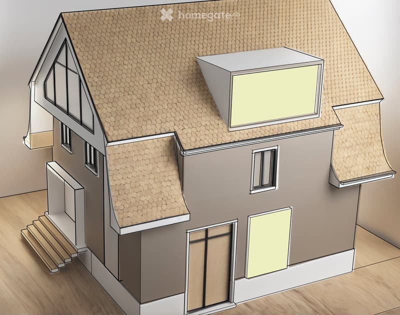 3D model of a two-story house with a shingled roof, multiple windows, and a small staircase leading to the entrance.