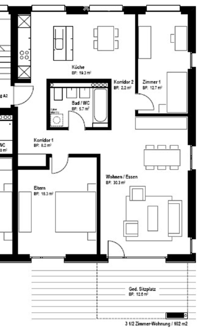 Floor plan of a 3.5-room apartment with 102 m² total area. Layout includes living/dining area, kitchen, two bedrooms, bathroom/WC, hallway, and entrance area.