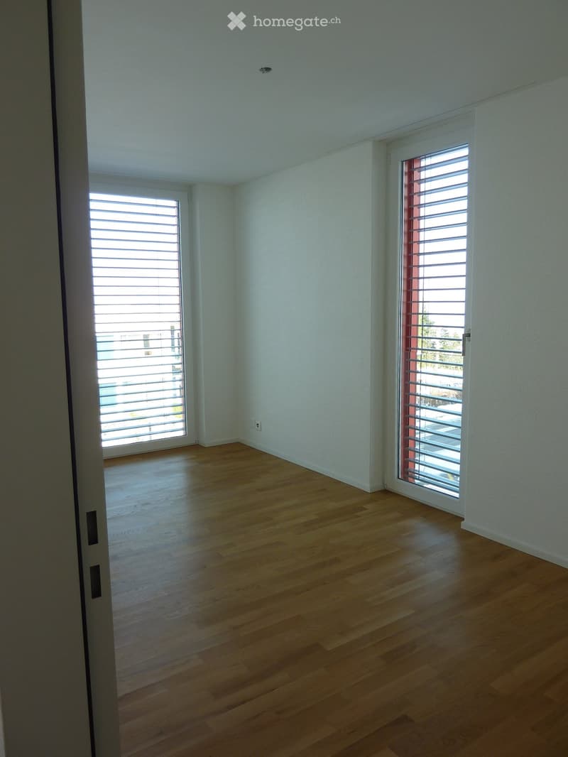 Empty room with light-colored wooden flooring and white walls, featuring two large windows with blinds and a door leading to an outdoor area.