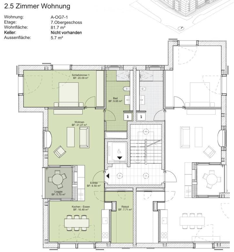 Floor plan of a 2.5-room apartment on the 7th floor, including a living room, kitchen, bedroom, bathroom, hallway, and entrance area.