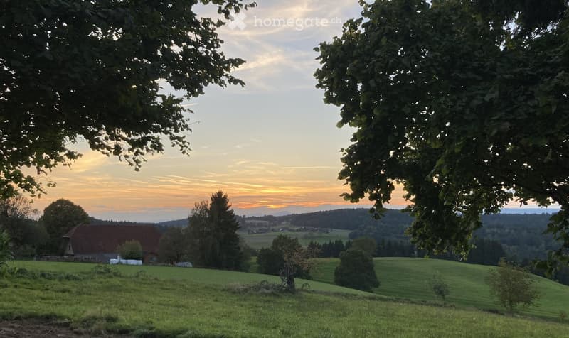 A peaceful rural landscape with rolling green hills, scattered trees, and a small house in the distance under a sunset sky.