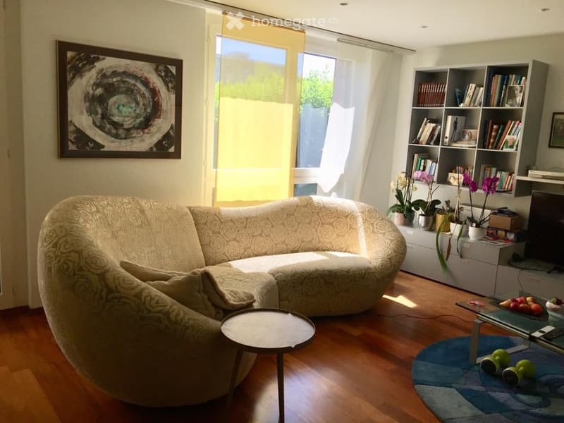 curved sofa, side table, bookshelf with books and potted plants, painting, floor lamp, rug, window with yellow curtain