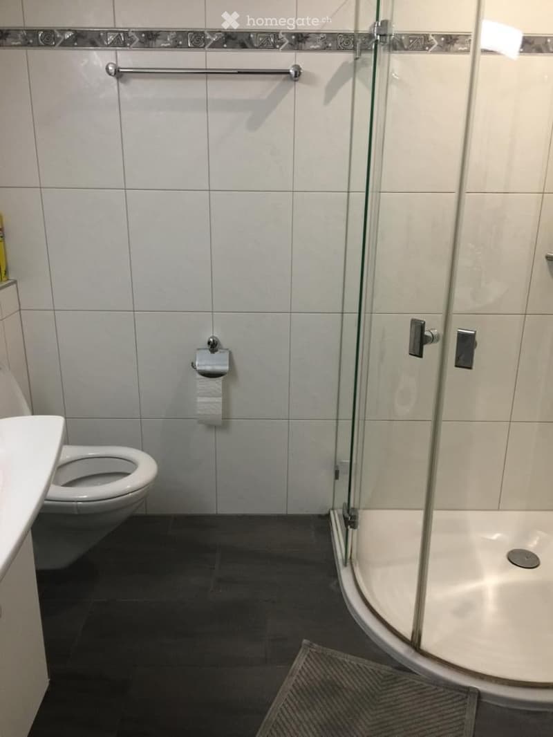 a modern bathroom with white tiles, a toilet, a glass shower enclosure, a white sink, and a towel rack
