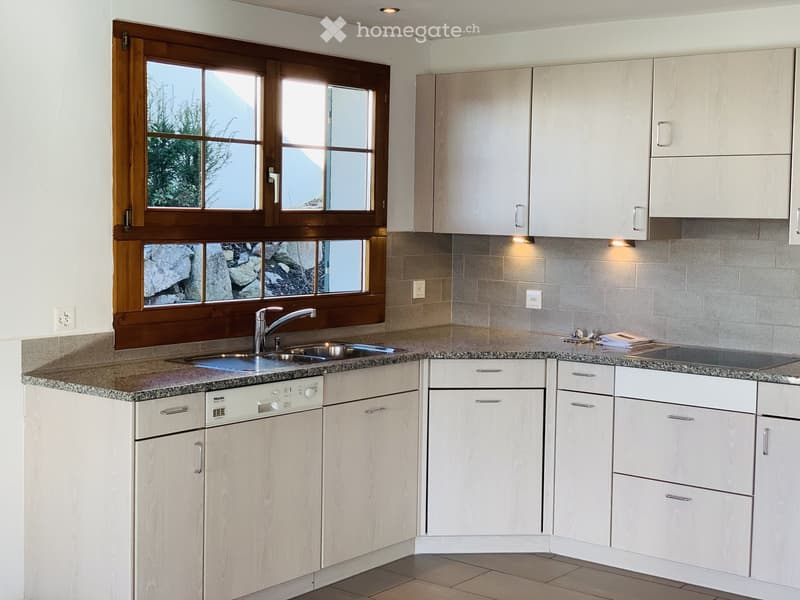 Modern kitchen with white cabinets, granite countertops, stainless steel sink, and dishwasher. Features a large window with wooden frame and a view of greenery.