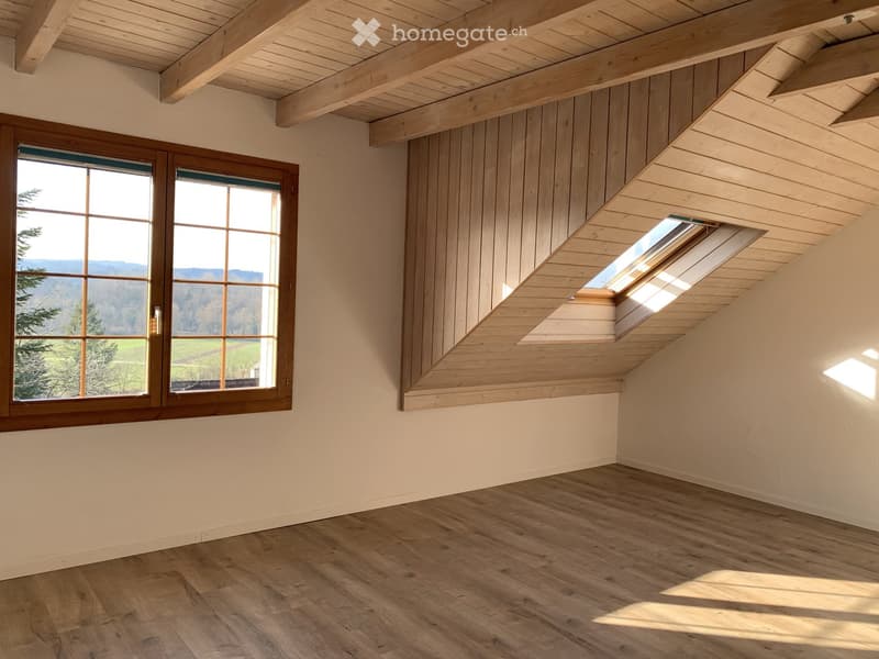 Empty attic room with wooden floors, exposed wooden beams, large windows, and a skylight.