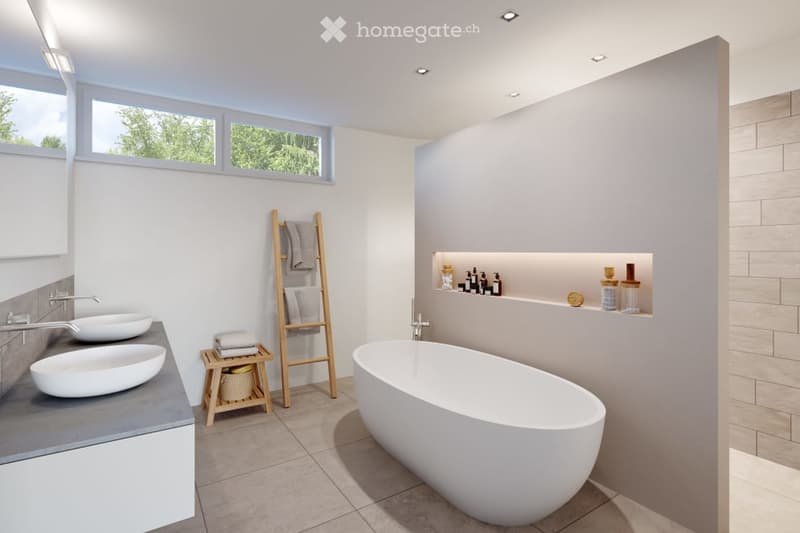 Modern bathroom with a freestanding bathtub, double sink vanity, wooden shelf, and decorative items on a built-in shelf. Natural light from large windows.