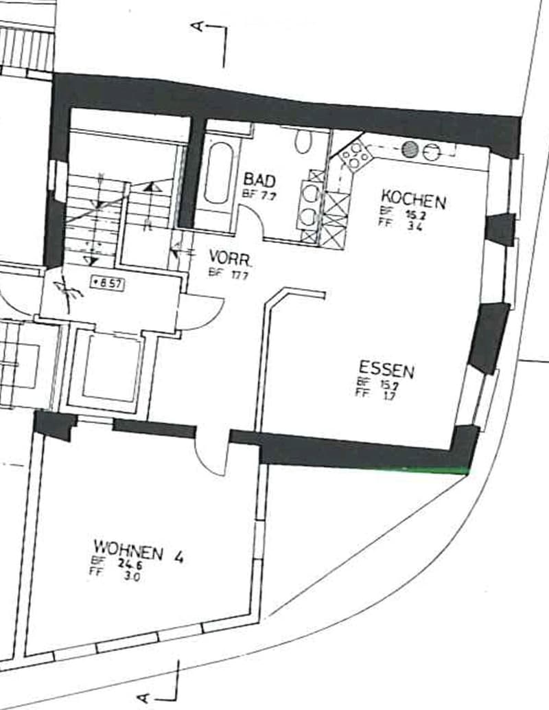 Floor plan showing a layout with labeled rooms: WOHNEN (living room), ESSEN (dining room), KOCHEN (kitchen), VORR (hallway), BAD (bathroom).
