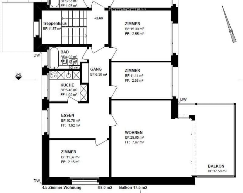 Floor plan of a 4.5-room apartment with a living area, kitchen, dining area, two bedrooms, a bathroom, and a balcony.