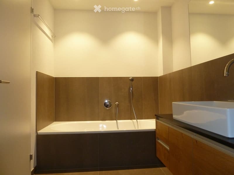 Modern bathroom with a bathtub, sink, and wooden cabinetry. Features a sleek design with warm lighting and a glass shower enclosure.