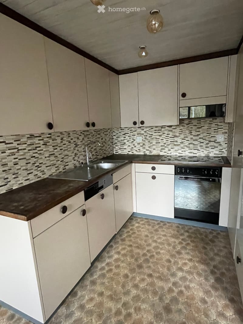 Modern kitchen with white cabinets, a dark wooden countertop, a stainless steel sink, and built-in appliances including an oven and dishwasher.