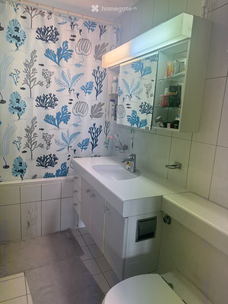 Modern bathroom with white tiles, a sink with a chrome faucet, a mirror with built-in storage, a toilet, and a shower area with a blue-themed curtain.