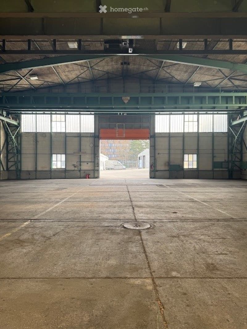 Industrial building with large doors and windows, concrete floor, metal beams, empty