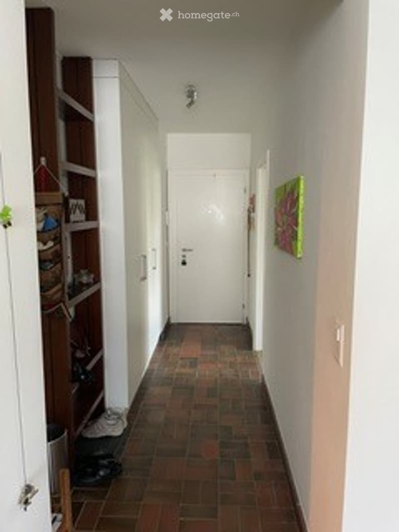 A narrow hallway with wooden tiled flooring, white walls, and a built-in shelving unit on the left side. A closed door is visible at the end of the hallway.