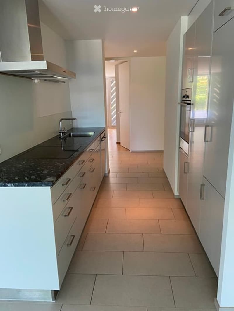 Modern kitchen with white cabinets, granite countertop, and stainless steel sink.