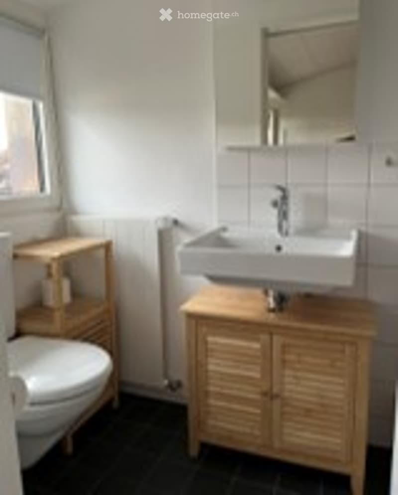 Modern bathroom with a white toilet, a sink on a wooden cabinet, a mirror above the sink, and a window providing natural light.