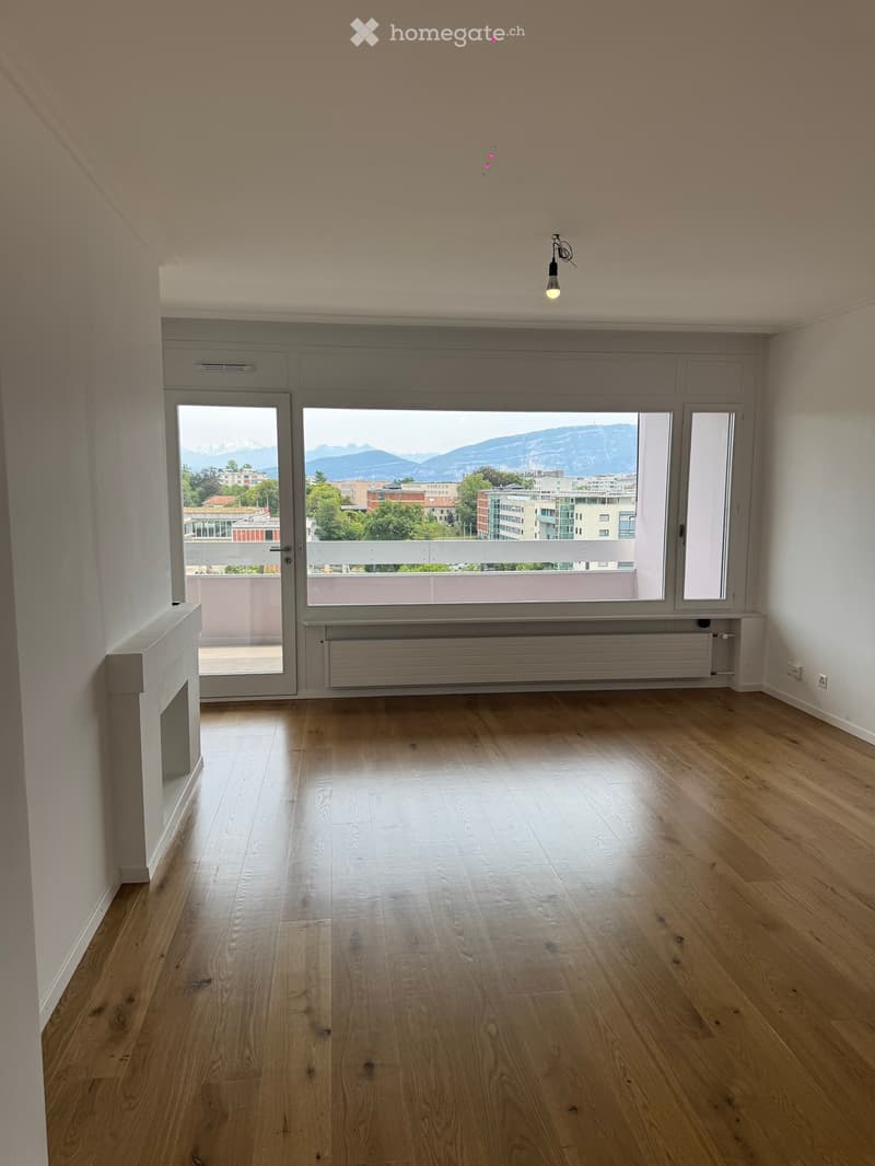Empty room with wooden flooring, large windows offering a view of mountains and cityscape, and a radiator below the windows.
