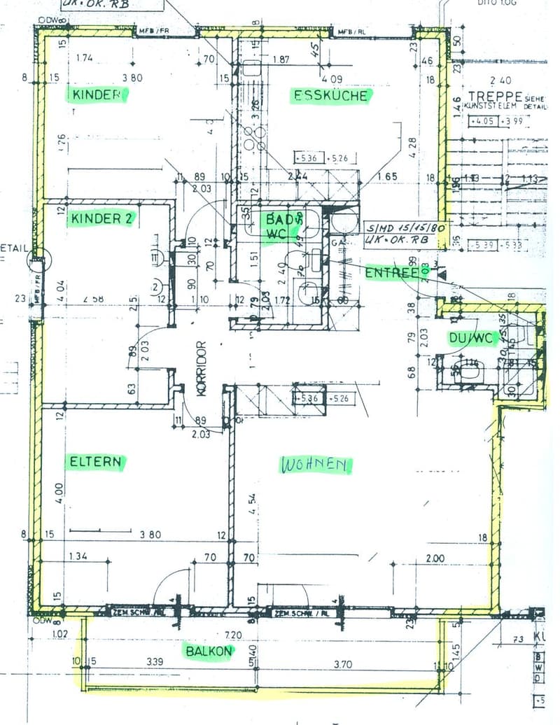 Floor plan of a residential space with labeled rooms including children's rooms, kitchen, bathroom, living area, entrance, and balcony.