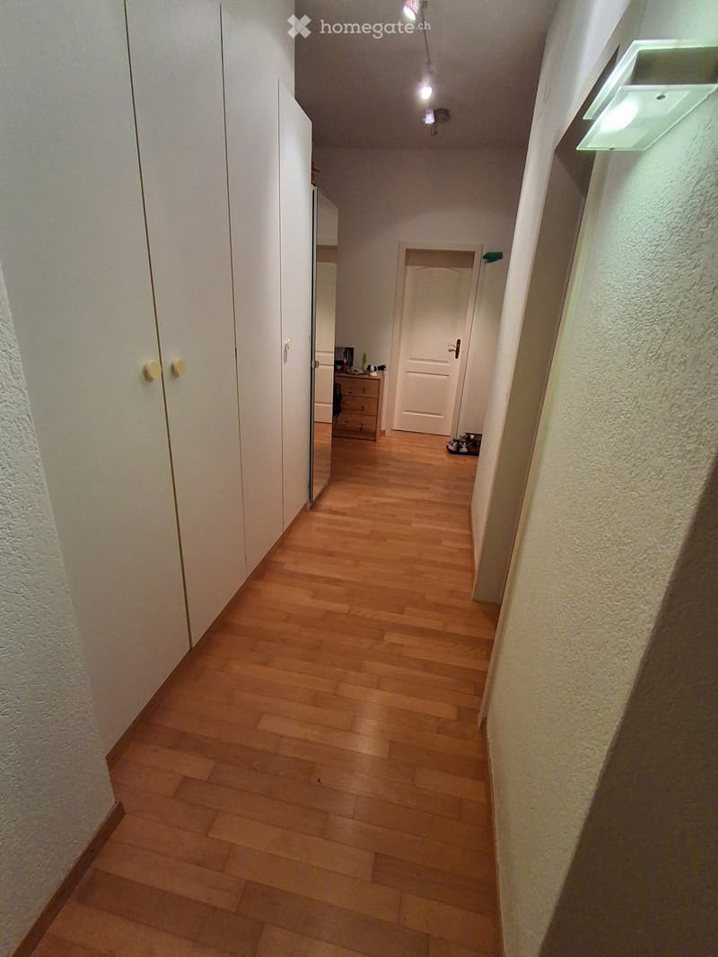 A narrow hallway with wooden flooring, white walls, and a ceiling light fixture. A door is visible at the end of the hallway, and a small area with a dresser and some items is partially visible on the left side.