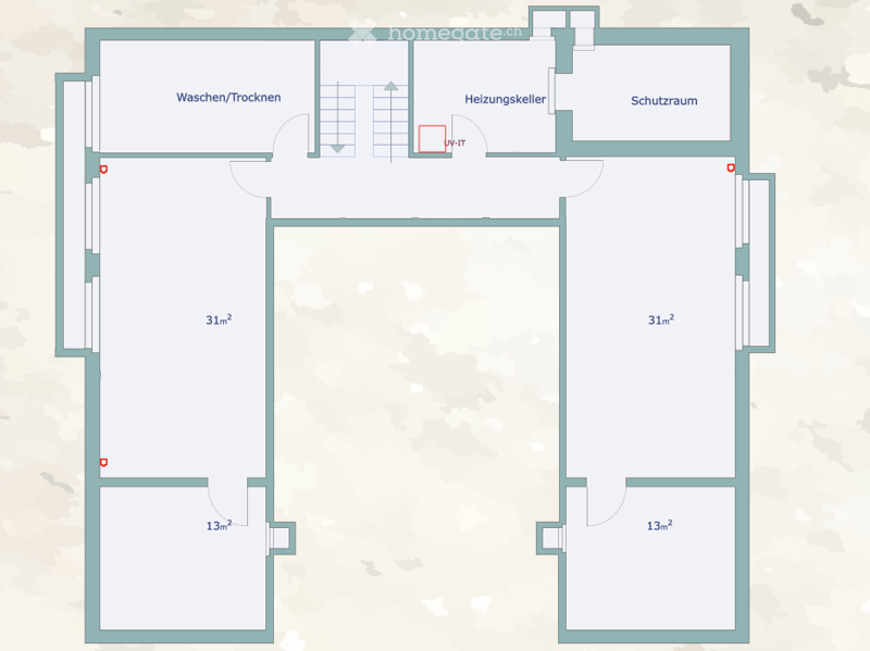 Floor plan showing two bedrooms (31m² each), two bathrooms (13m² each), a laundry area, a boiler room, and a storage room.