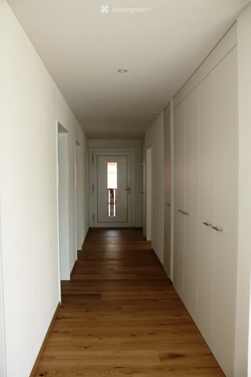 A long, narrow hallway with light-colored walls, wooden flooring, and white built-in cabinets on one side. The hallway leads to a door at the end.