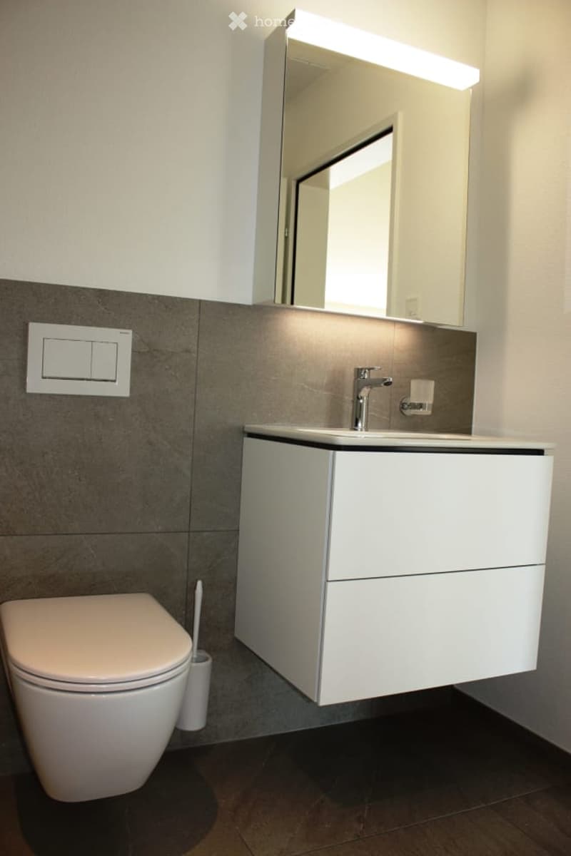 Modern bathroom with a white toilet, a white sink with a modern faucet, a large mirror with built-in lighting, and a dark tiled wall and floor.