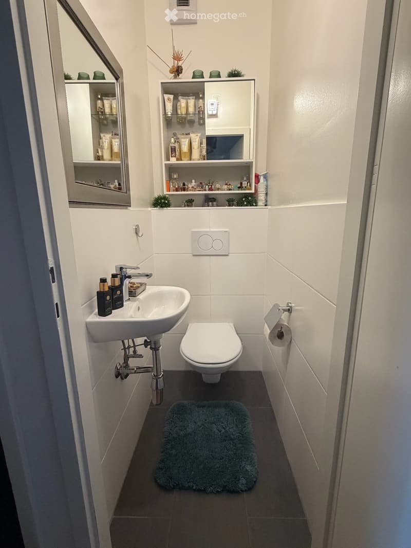 Modern bathroom with white tiles, a sink, toilet, mirror, and a small shelf with toiletries. A green bath mat is placed on the dark floor.