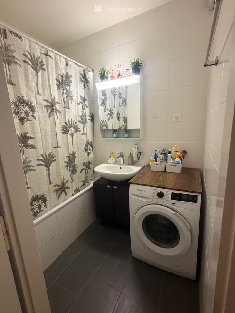 Modern bathroom with a bathtub, sink, mirror, and washing machine. Features a shower curtain with palm tree design and a small cabinet under the sink.
