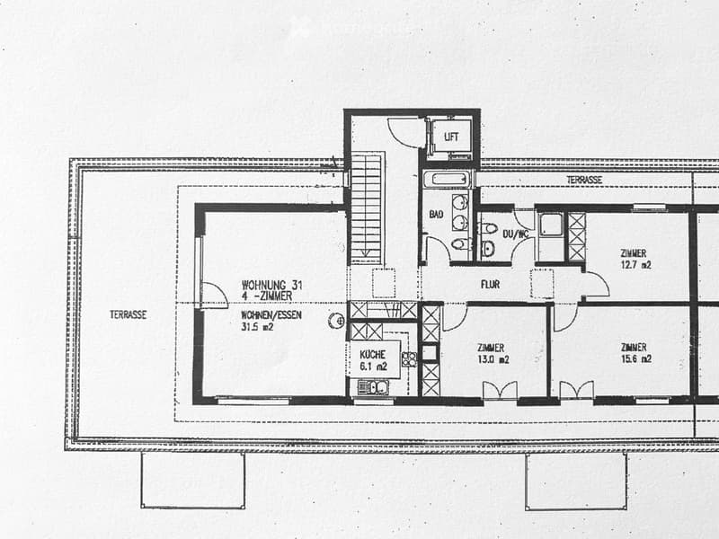 Floor plan of a 4-room apartment with living/dining area, kitchen, three bedrooms, bathroom, and two terraces.