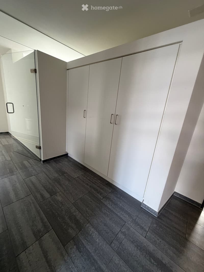 tiled floor, white glass partition, two white doors