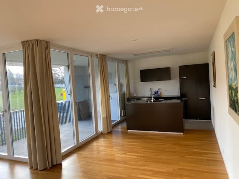 Open-plan kitchen and living area with wooden flooring, large sliding glass doors leading to a balcony, modern kitchen island, and dark cabinets.