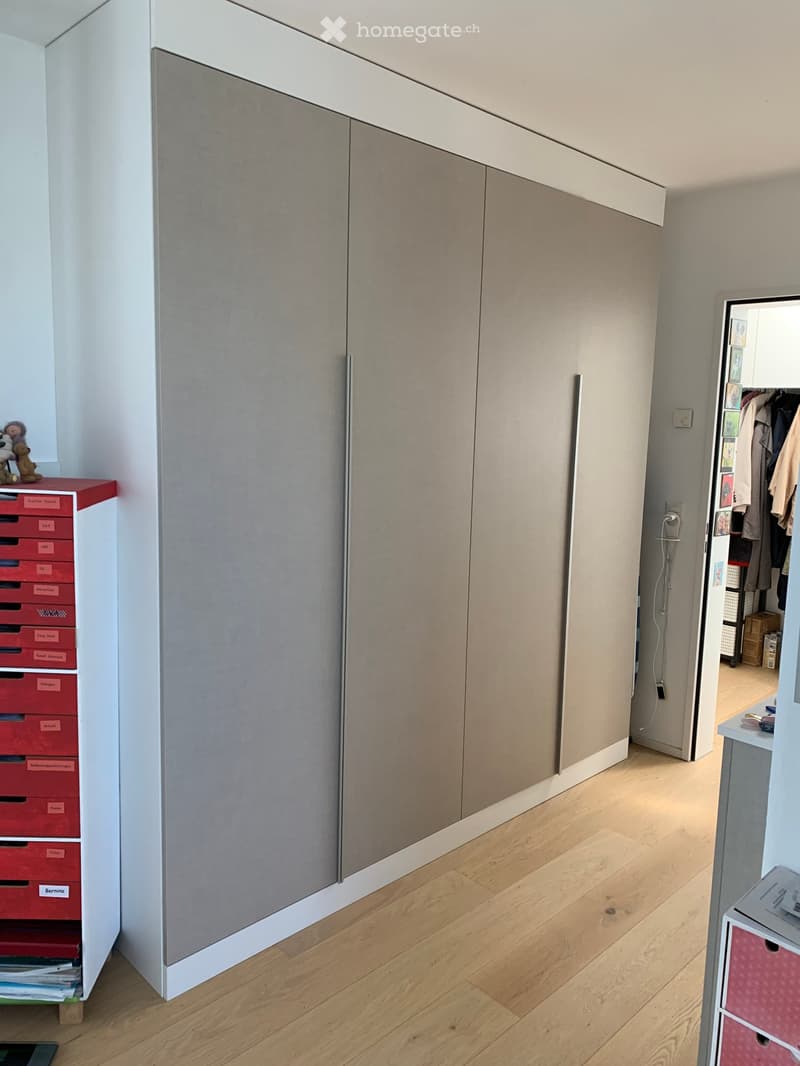 Modern hallway with a large, sleek wardrobe, a red storage unit, and a small toy on top.