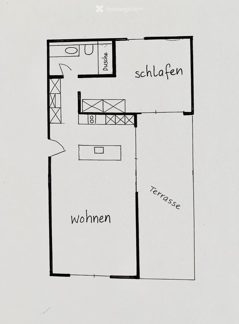 Floor plan showing a living area, bedroom, bathroom, and terrace.
