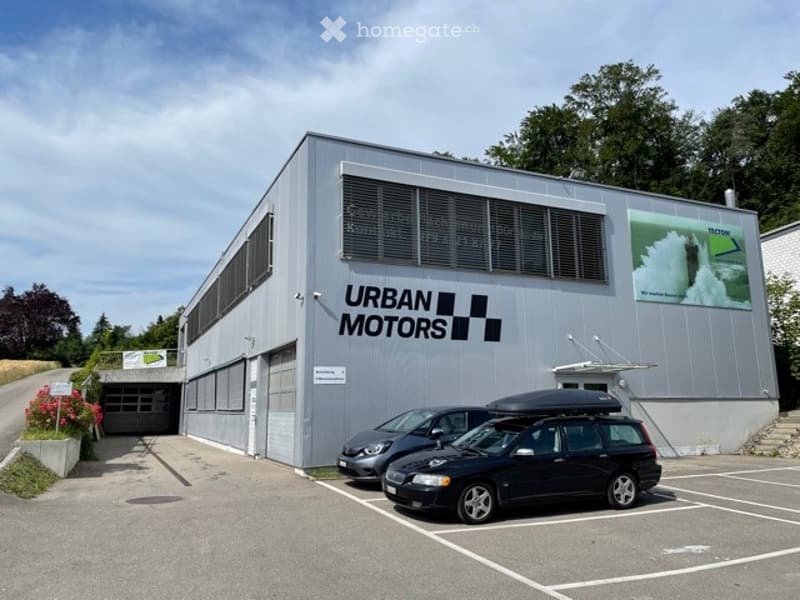 Modern single-story building labeled "URBAN MOTORS" with large garage doors, several parked cars, and a small landscaped area with flowers.