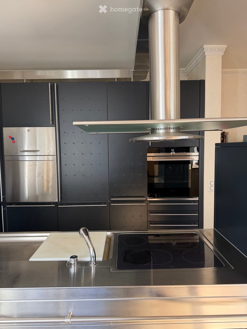 Modern kitchen with stainless steel appliances, black cabinets, induction cooktop, and a large range hood.