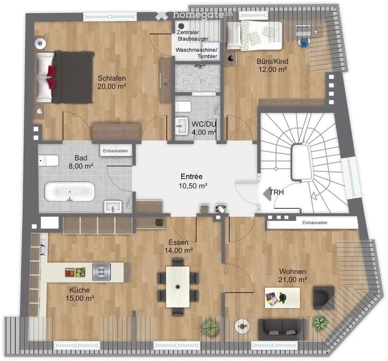 Layout of a 2-room apartment with a bedroom, bathroom, kitchen, living area, and entrance. Includes a washing machine area and a small office/kids' room.