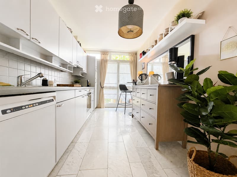 Modern kitchen with white cabinets, a central island, a dishwasher, a sink, and a pendant light. There is a large plant in a basket on the right side and a stool near the island.
