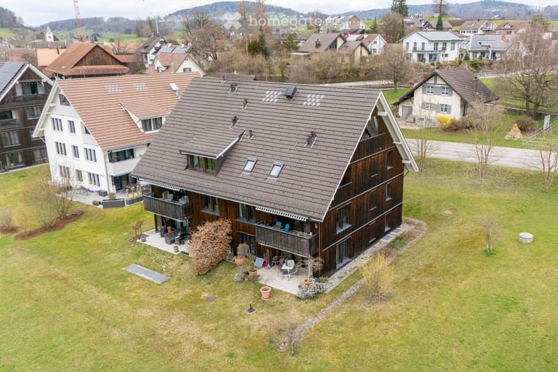Aerial view of a modern two-story house with a brown tiled roof, large windows, and a wooden balcony. The house is surrounded by a well-maintained lawn and garden with potted plants and outdoor furniture.