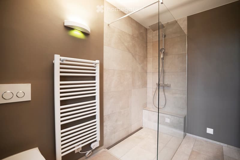 Modern bathroom with a glass-enclosed shower, a white radiator, and a sleek light fixture on the wall.