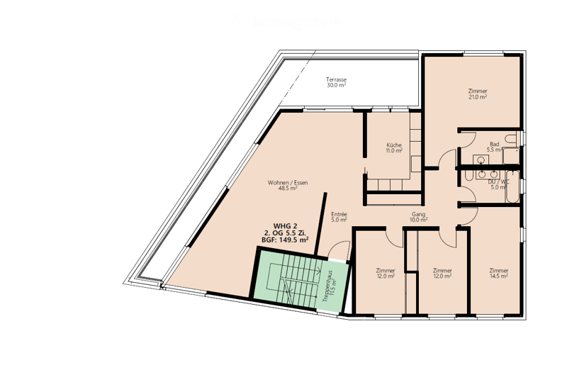 Floor plan of a 2-story apartment with 5.5 rooms on the ground floor and 149.5 m² total area. Includes living/dining area, kitchen, bathroom, three bedrooms, hallway, entrance, and a terrace.