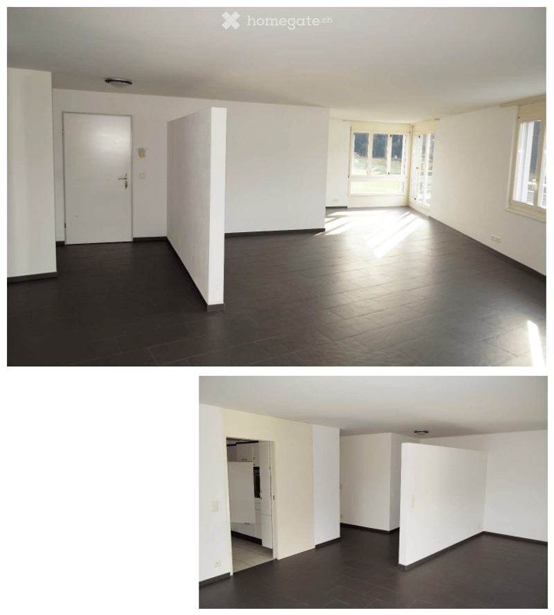 Two unfurnished rooms with dark tiled floors, white walls, and large windows allowing natural light. The rooms are empty, with no furniture or equipment visible.