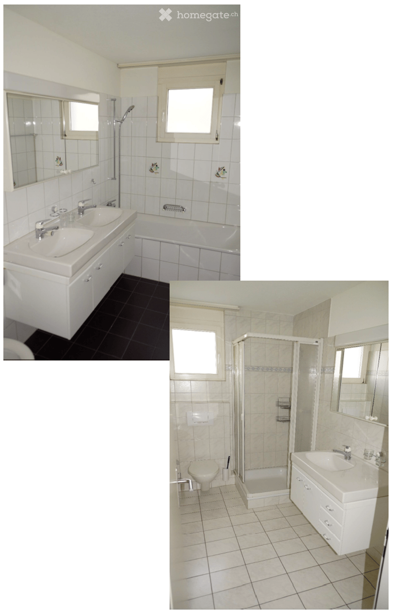 Bathroom with white tiles, a double sink, a bathtub, a toilet, a shower stall, and a large mirror.