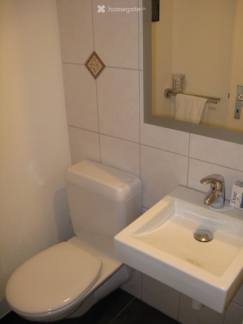 Modern bathroom with white tiles, a toilet, a sink with a chrome faucet, a mirror, and a towel on a rack.