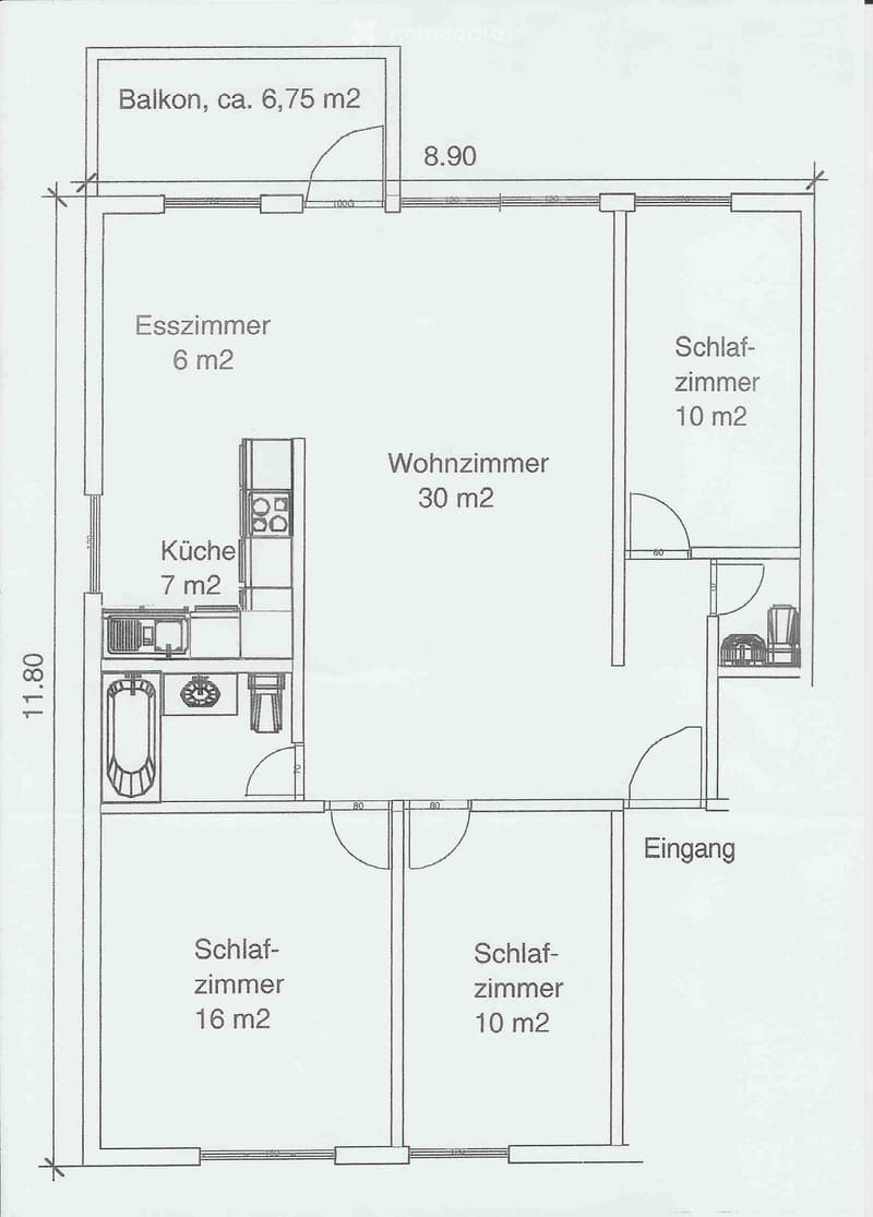 Floor plan showing a kitchen, living room, dining room, three bedrooms, entrance, and a balcony.