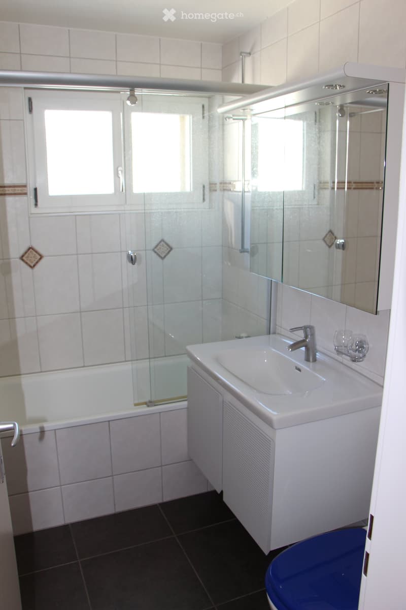 Modern bathroom with white tiles, a large mirror, a sink with a modern faucet, a bathtub with a glass shower enclosure, and a toilet with a blue seat cover.