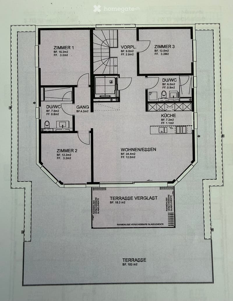 Floor plan with 3 bedrooms, 2 bathrooms, living room, kitchen, dining area, hallway, terrace, and a glassed terrace