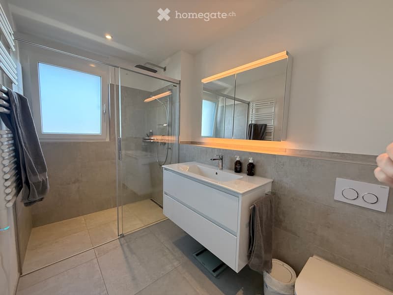 modern bathroom with glass shower, white vanity, mirror, towel rack, toilet, and radiator