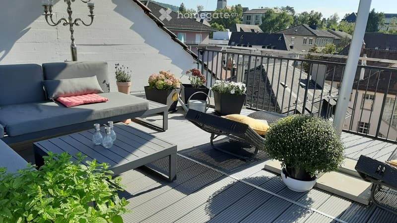 A modern rooftop terrace with a grey sofa, coffee table, lounge chair, and various potted plants, overlooking a cityscape with rooftops and greenery.