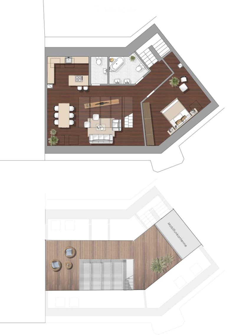 Floor plan of a modern, open-concept home with a living area, dining area, kitchen, and a bedroom. The layout includes a balcony and a patio area with outdoor seating.