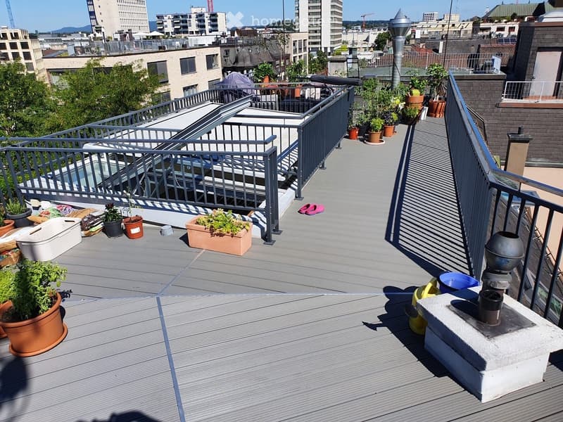 Rooftop terrace with wooden decking, metal railings, potted plants, and a view of the city skyline.